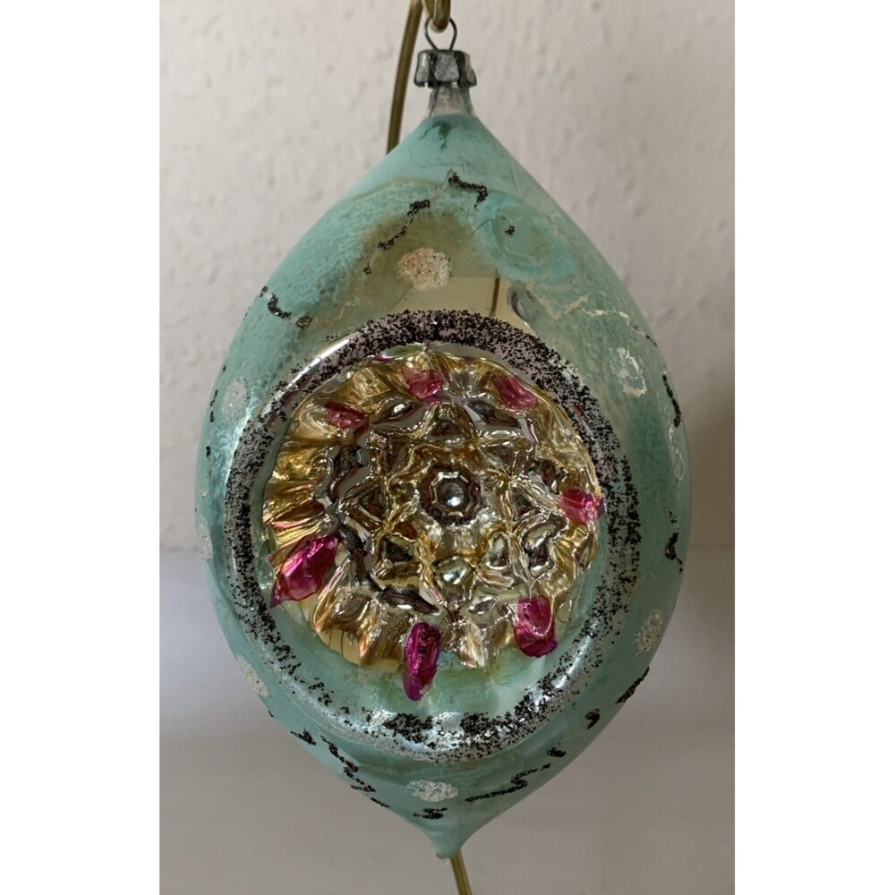 Vintage JUMBO Poland Glass Teardrop Indent Ornament Mica 6.5Hx3.75x3.25